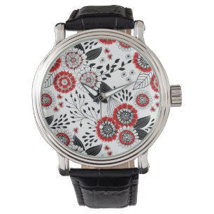 Doodle-Blume und -Blätter in Rot und Schwarz Armbanduhr