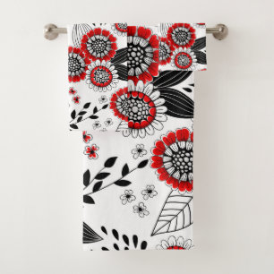 Doodle-Blume und -Blätter in Rot und Schwarz Badhandtuch Set