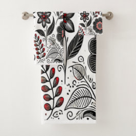 Doodle-Blume und -Blätter in Rot und Schwarz Badhandtuch Set
