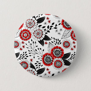 Doodle-Blume und -Blätter in Rot und Schwarz Button