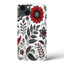 Doodle-Blume und -Blätter in Rot und Schwarz