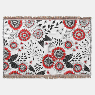 Doodle-Blume und -Blätter in Rot und Schwarz Decke