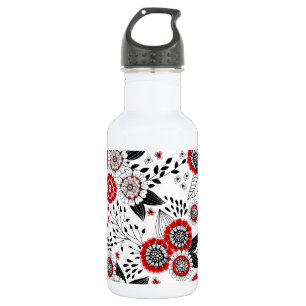 Doodle-Blume und -Blätter in Rot und Schwarz Edelstahlflasche