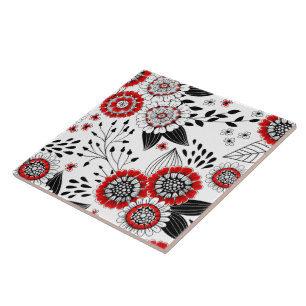 Doodle-Blume und -Blätter in Rot und Schwarz Fliese