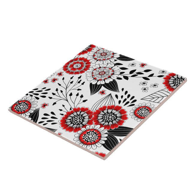 Doodle-Blume und -Blätter in Rot und Schwarz Fliese (Seite)
