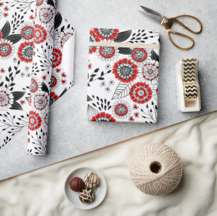 Doodle-Blume und -Blätter in Rot und Schwarz Geschenkpapier