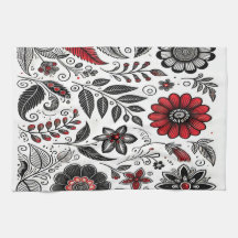 Doodle-Blume und -Blätter in Rot und Schwarz