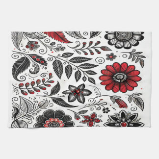 Doodle-Blume und -Blätter in Rot und Schwarz Geschirrtuch