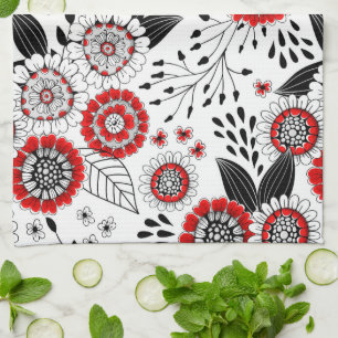 Doodle-Blume und -Blätter in Rot und Schwarz Geschirrtuch
