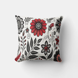 Doodle-Blume und -Blätter in Rot und Schwarz Kissen