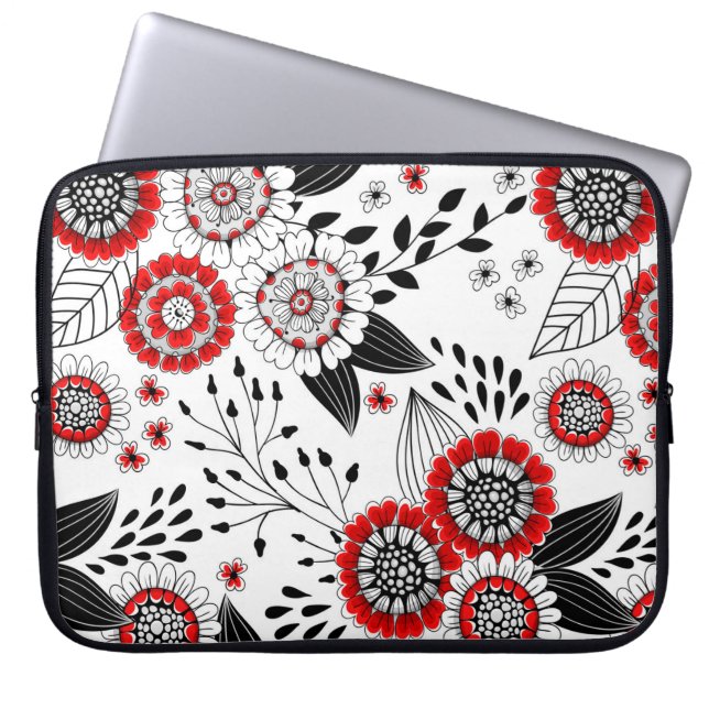 Doodle-Blume und -Blätter in Rot und Schwarz Laptopschutzhülle (Vorderseite)
