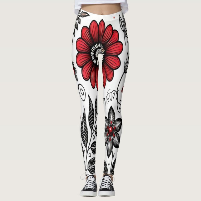 Doodle-Blume und -Blätter in Rot und Schwarz Leggings (Vorderseite)