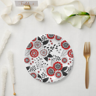 Doodle-Blume und -Blätter in Rot und Schwarz Pappteller