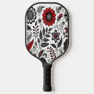 Doodle-Blume und -Blätter in Rot und Schwarz Pickleball Schläger