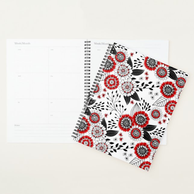 Doodle-Blume und -Blätter in Rot und Schwarz Planer (Anzeige)