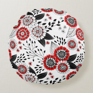 Doodle-Blume und -Blätter in Rot und Schwarz Rundes Kissen