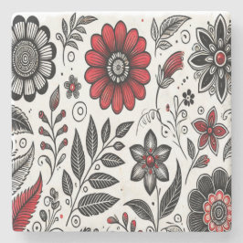 Doodle-Blume und -Blätter in Rot und Schwarz Steinuntersetzer