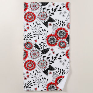 Doodle-Blume und -Blätter in Rot und Schwarz Strandtuch