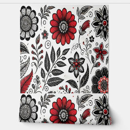 Doodle-Blume und -Blätter in Rot und Schwarz Tapete