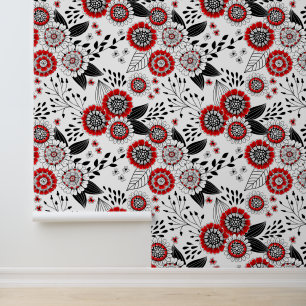 Doodle-Blume und -Blätter in Rot und Schwarz Tapete