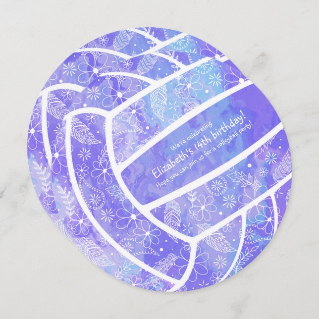 Doodle Blumenmuster lila Volleyball Einladung (Vorne/Hinten)