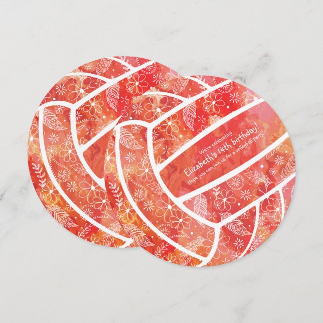 Doodle Blumenmuster Rotes Orangenvolleyball Party Einladung (Vorne/Hinten)