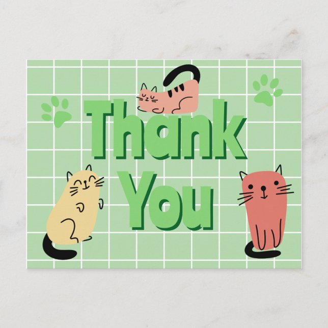 Doodle Cats Green Danke Postkarte (Vorderseite)
