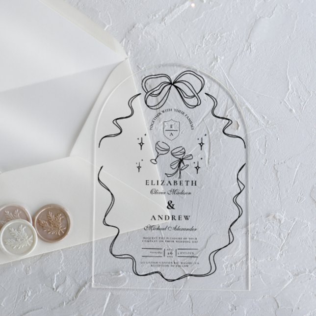 Doodle Champagne Whimsical Bow Wedding Acryleinladungen (Von Creator hochgeladen)