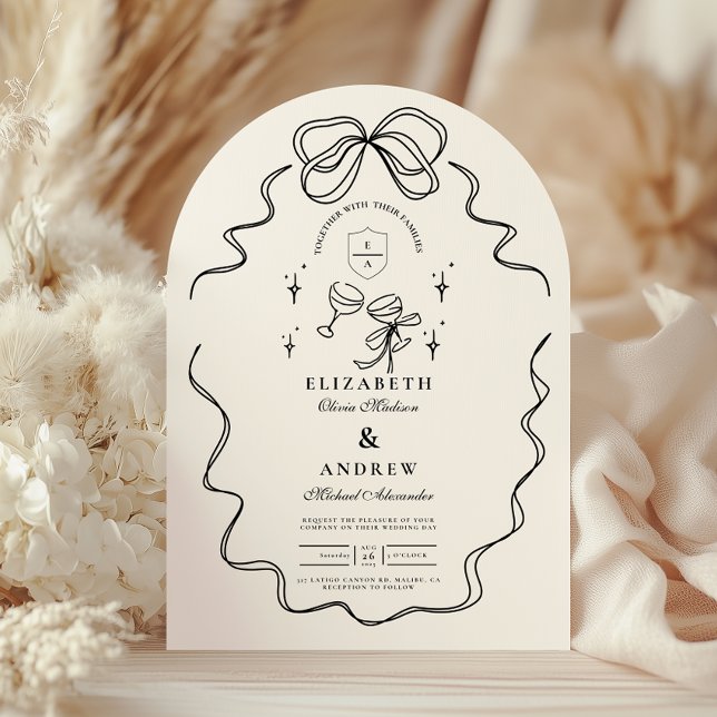 Doodle Champagne Whimsical Bow Wedding Einladung (Von Creator hochgeladen)