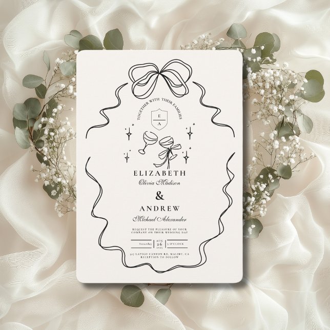 Doodle Champagne Whimsical Bow Wedding Einladung (Von Creator hochgeladen)