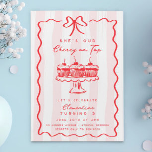 Doodle Cherry Cupcake Pink Bow Birthday Party Einladung
