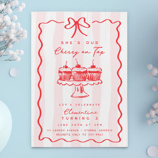 Doodle Cherry Cupcake Pink Bow Birthday Party Einladung