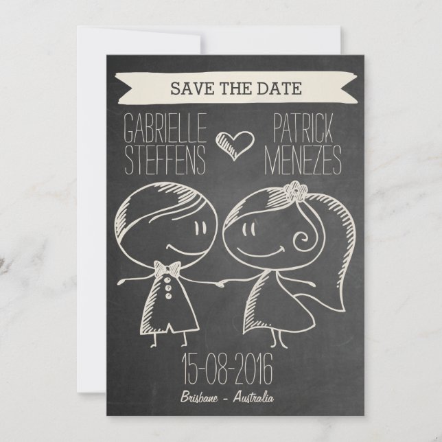 Doodle Couple auf Blackboard Save the Date (Vorderseite)