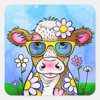 Doodle Cow Portrait Quadratischer Aufkleber