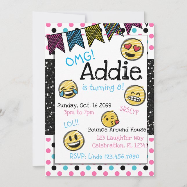 Doodle Emoji Pink & Blue Tween Einladung (Vorderseite)