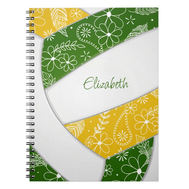 Doodle Federn grünes Gold Boho Volleyball Notizblock (Vorderseite)