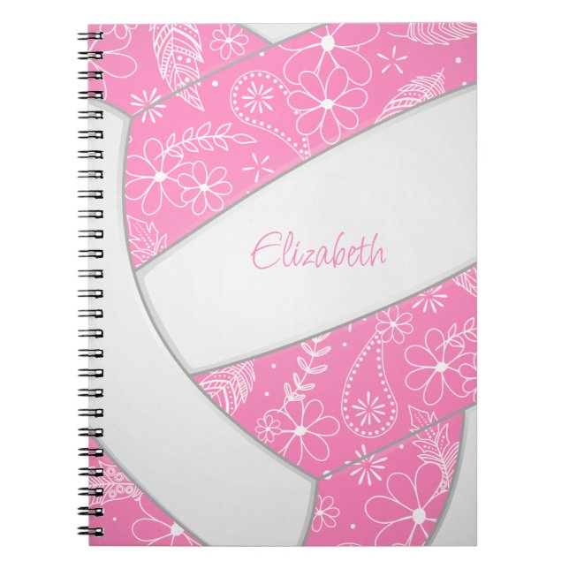 Doodle Federn rosa weißer Boho-Volleyball Notizblock (Vorderseite)