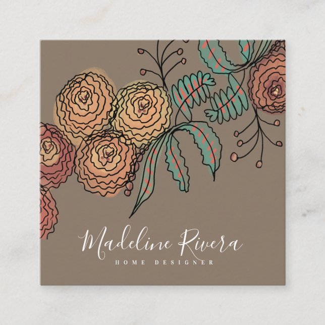 Doodle Florals Wreath Sprigs Greenerenerity Design Quadratische Visitenkarte (Vorderseite)