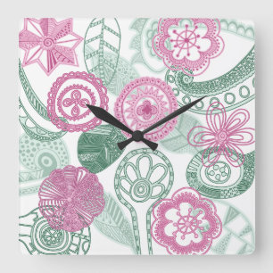 doodle flowers quadratische wanduhr