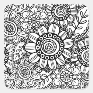 Doodle Folk Art Floral Line Zeichnend Muster Quadratischer Aufkleber