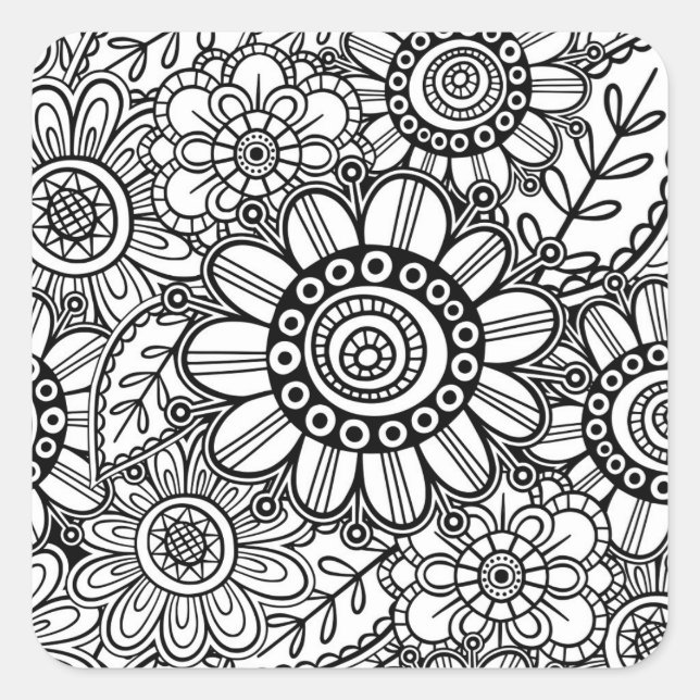 Doodle Folk Art Floral Line Zeichnend Muster Quadratischer Aufkleber (Vorderseite)