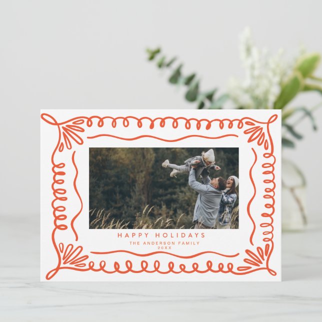 Doodle Frame Holiday Foto Card Einladung (Stehend Vorderseite)