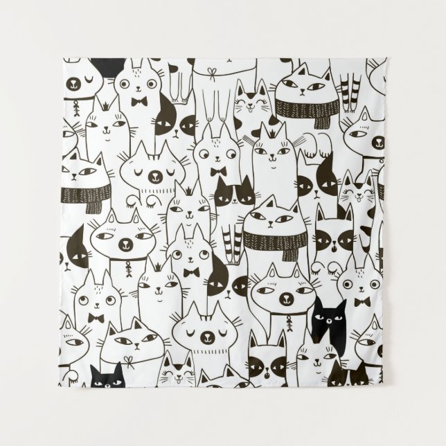 Doodle funny cats seamless pattern.  wandteppich (Vorderseite)