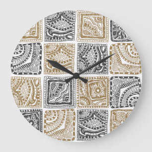 Doodle geometrisches, Vintages abstraktes Muster. Große Wanduhr