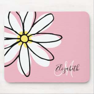 Doodle Gezeichnet Daisy White Pink Monogram Niedli Mousepad