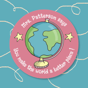 Doodle Globe Pink Belohnungsaufkleber Runder Aufkleber