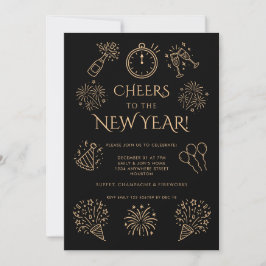Doodle Gold Black Cheers to New Year Party Einladung