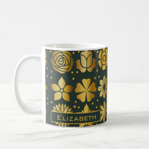 Doodle goldfarbenes Blumenmuster personalisierter Kaffeetasse
