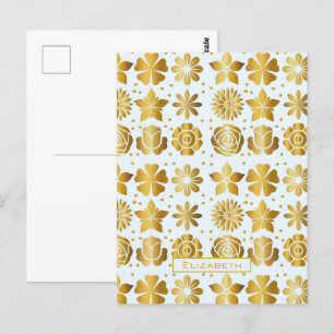 Doodle goldfarbenes Blumenmuster personalisierter Postkarte