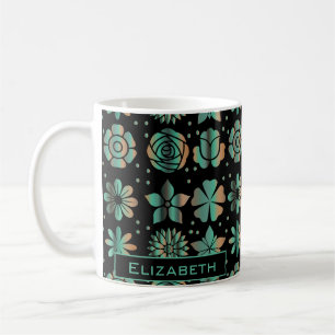 Doodle grüne Blumenmuster personalisierter Name Kaffeetasse